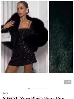 Zara Black Faux Fur Teddy Jacket cropped size M feels like Small